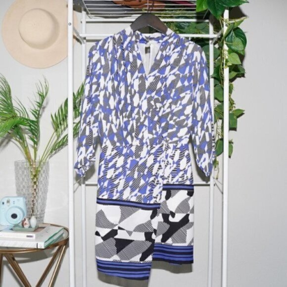 Asymmetrical Surplice Wrap Dress Geometric Print S - Picture 2 of 6